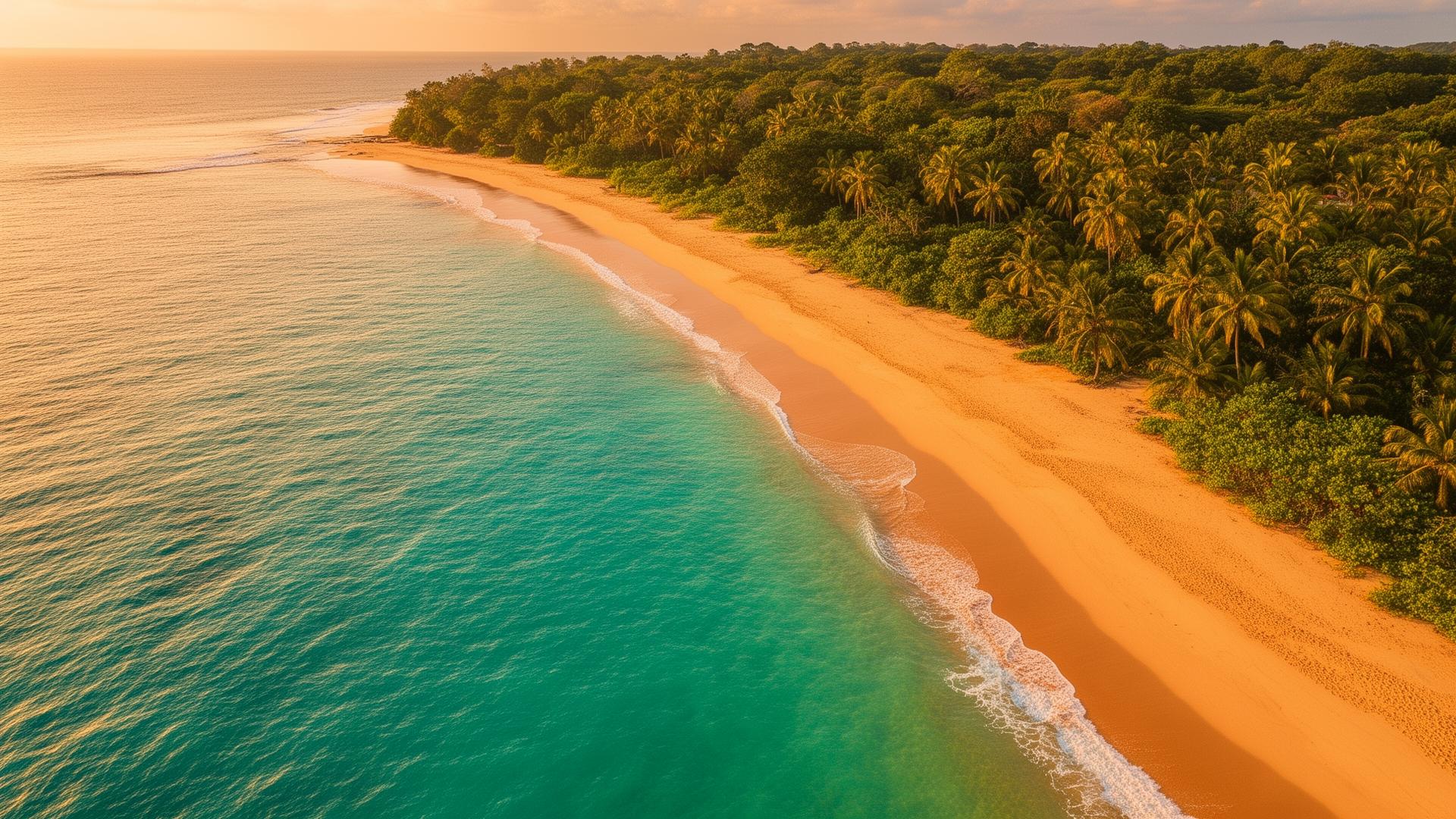 Aerial view of turquoise ocean meeting golden sand beach
